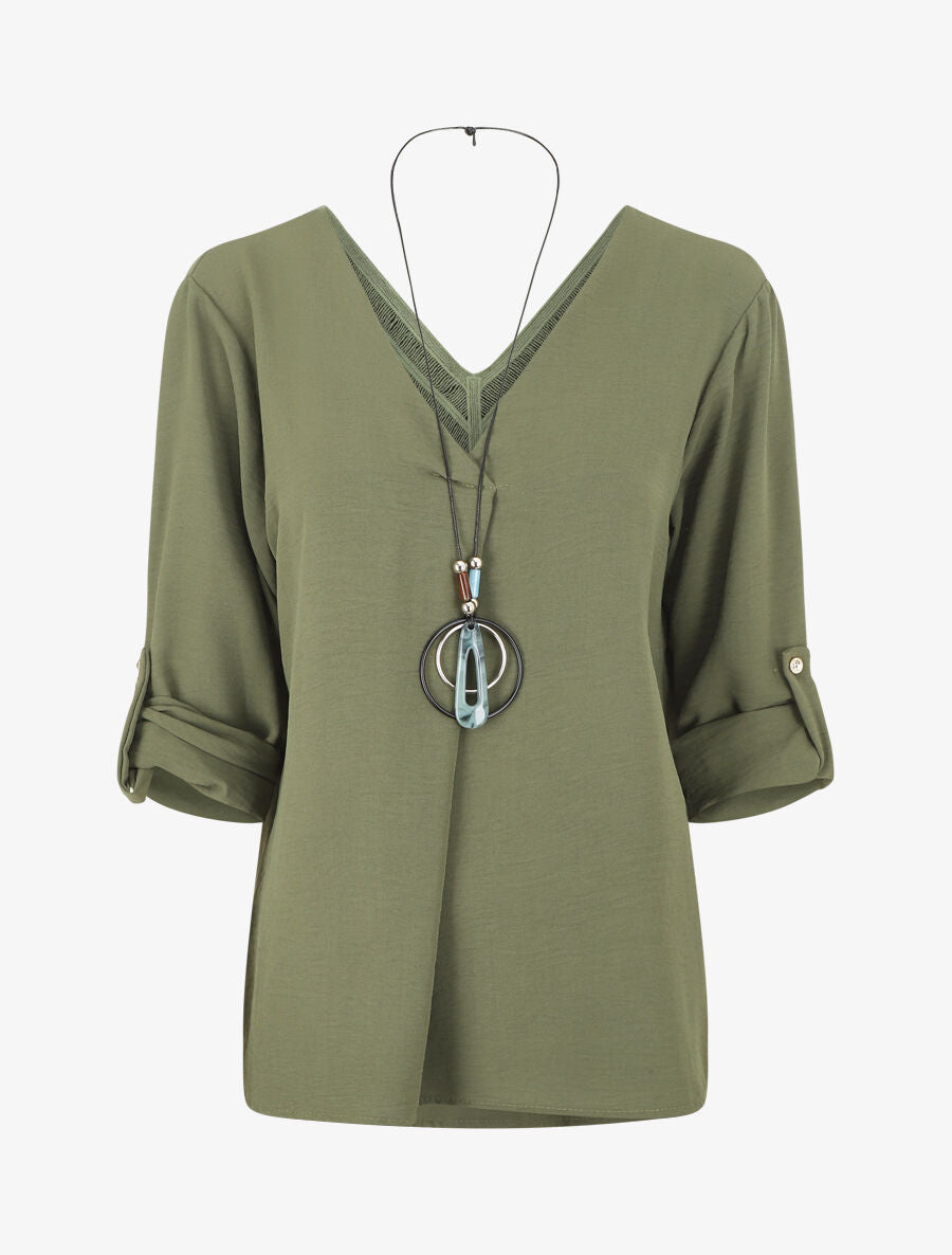 Blouse uni à dos ajouré - Kaki - 4