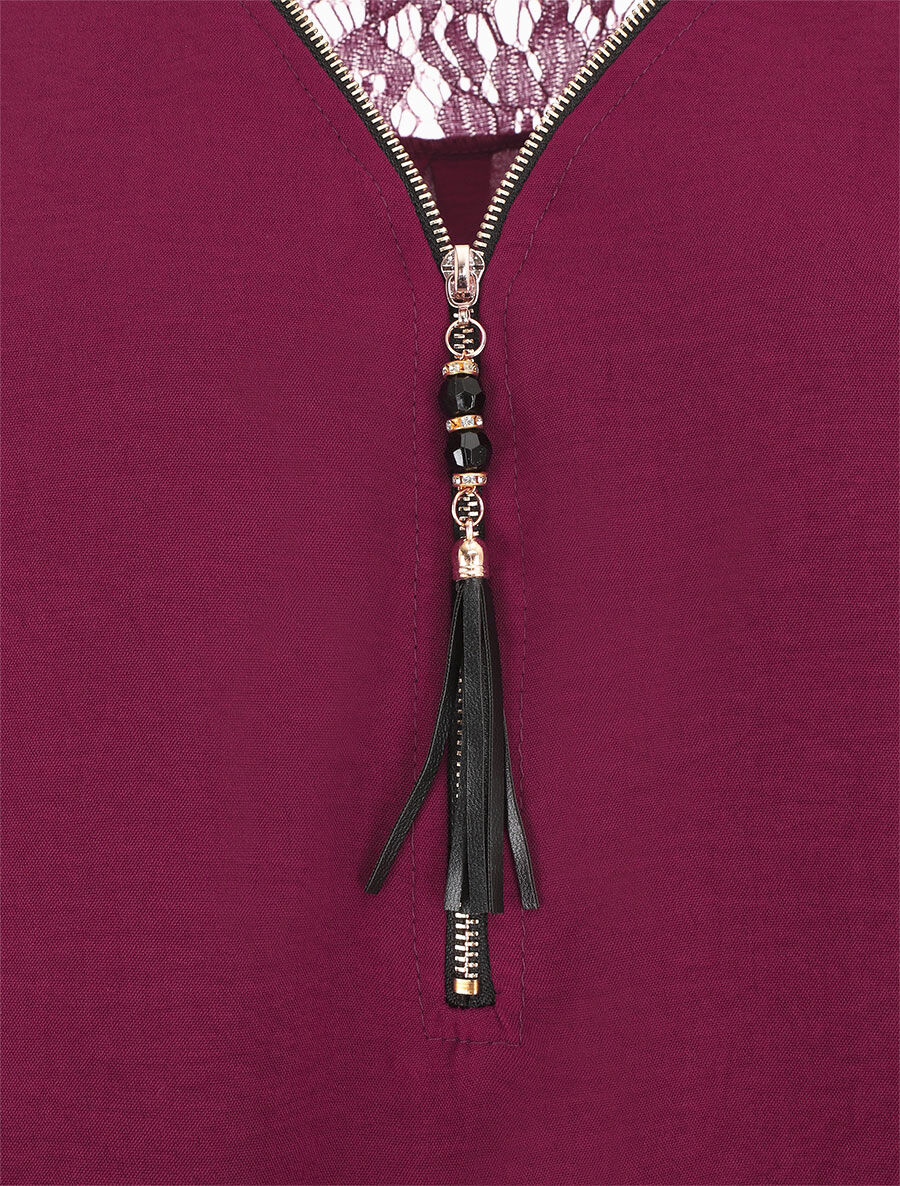 Top droit uni à zip et dentelle - Violine - 3