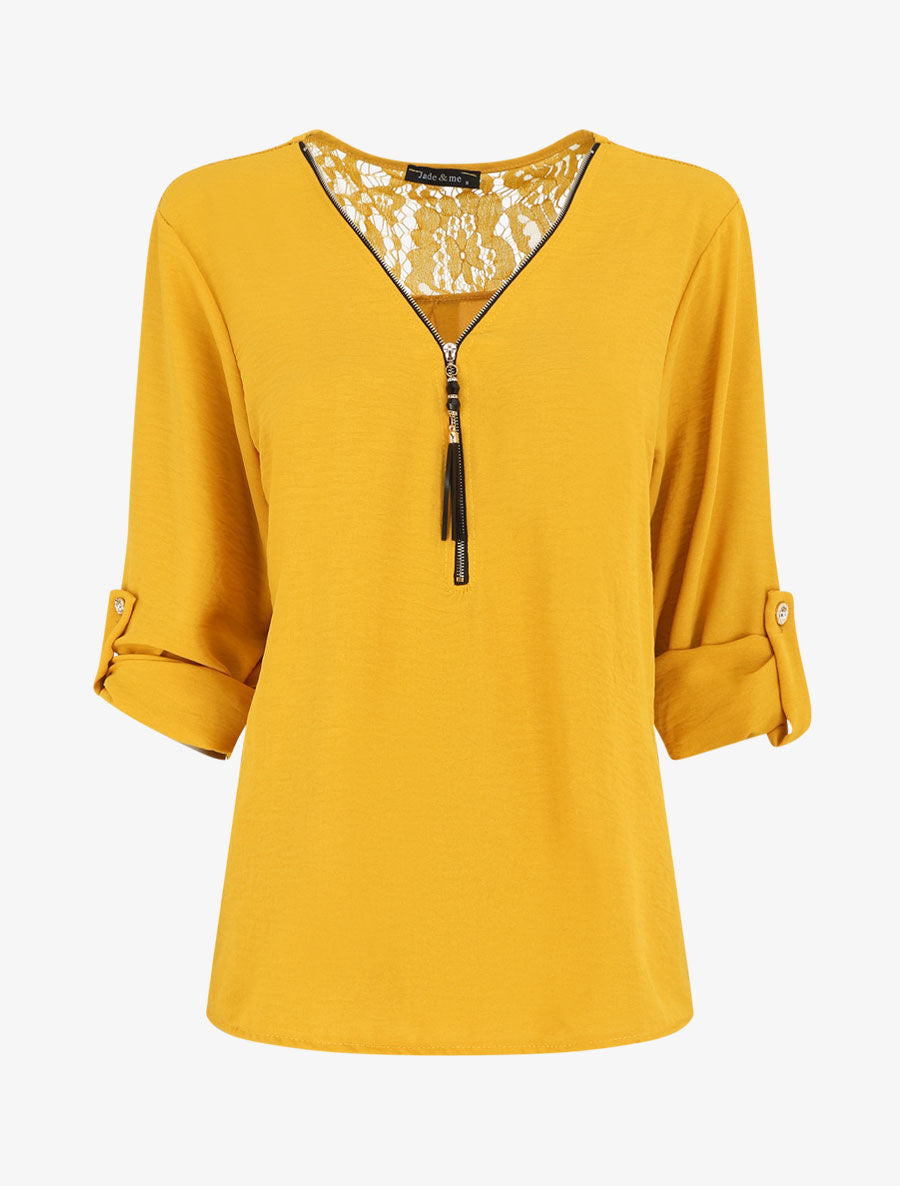Top droit uni à zip et dentelle - Jaune - 6