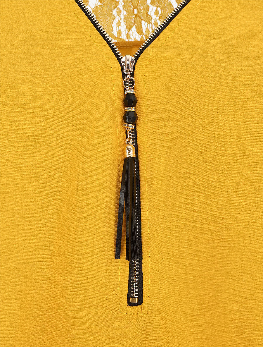 Top droit uni à zip et dentelle - Jaune - 3