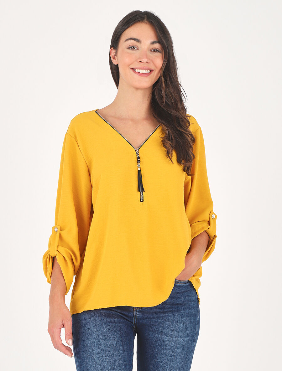 Top droit uni à zip et dentelle - Jaune - 4