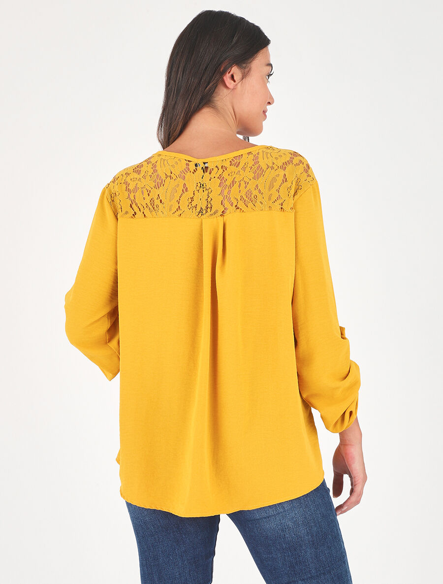 Top droit uni à zip et dentelle - Jaune - 5