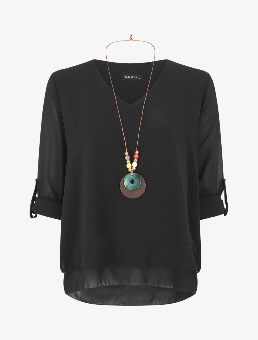 Blouse en voile à manches retroussables - Noir - 1