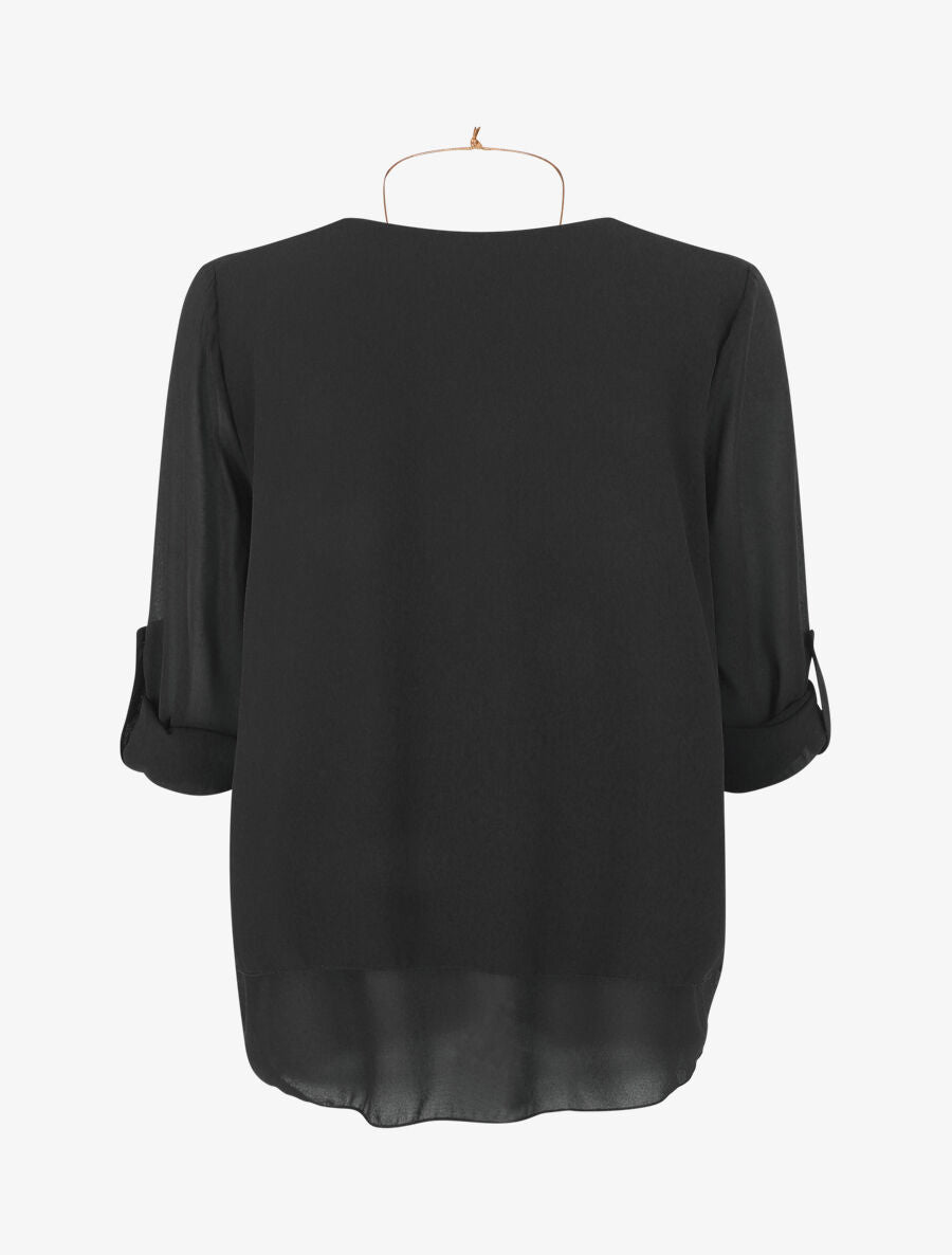 Blouse en voile à manches retroussables - Noir - 2
