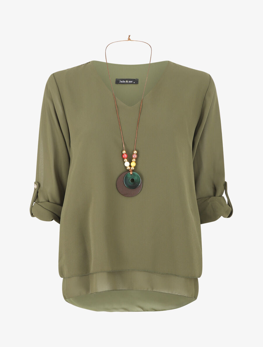 Blouse en voile à manches retroussables - Kaki - 1