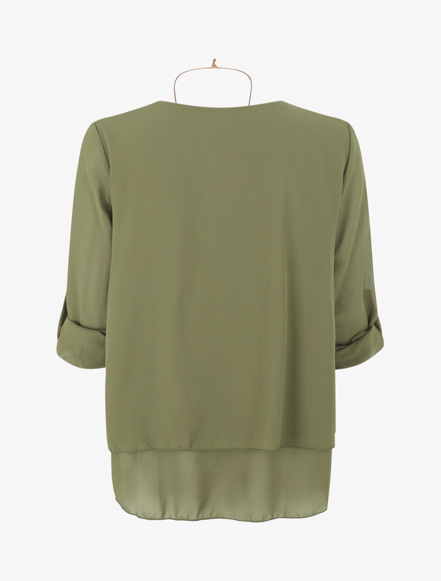 Blouse en voile à manches retroussables - Kaki - 2