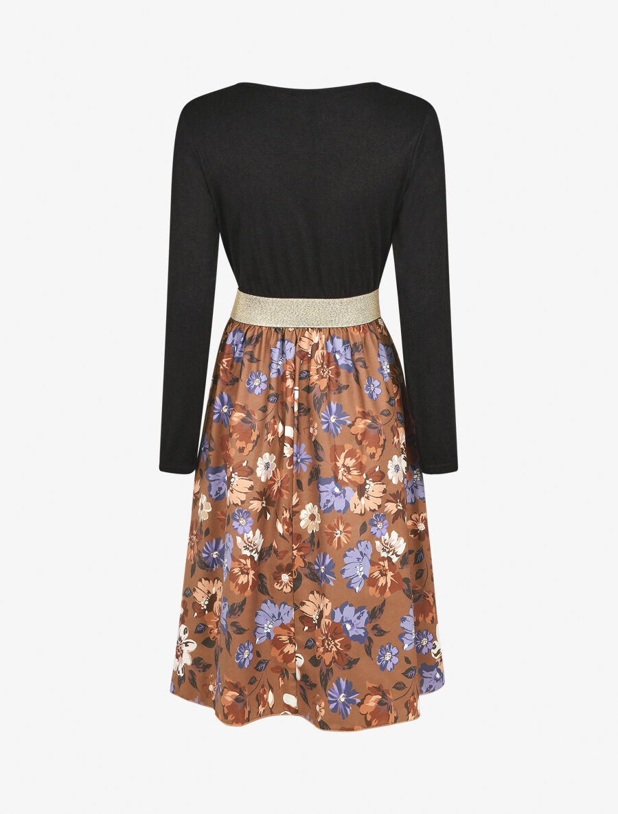 Robe évasée bi-matière imprimé champêtre - Marron - 2