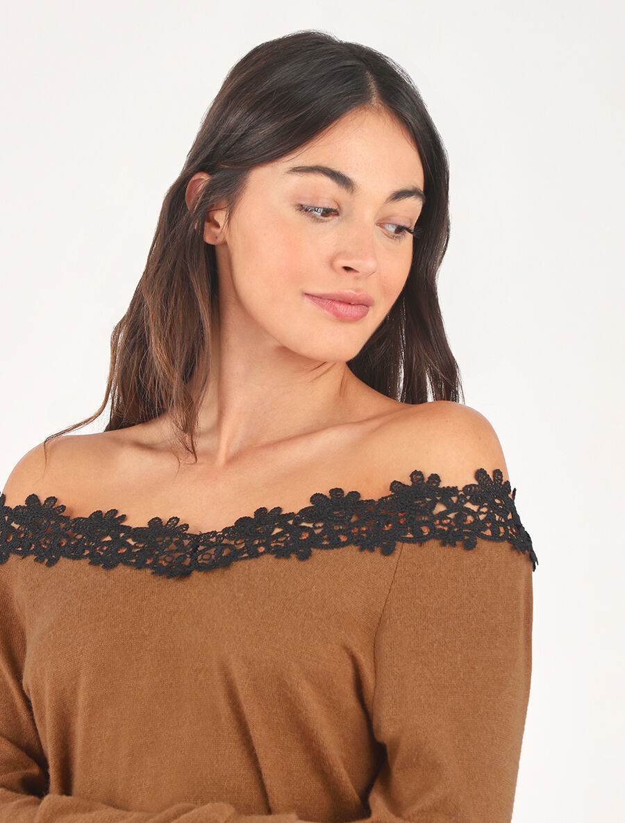 Pull fin droit col bateau en crochet - Camel - 6
