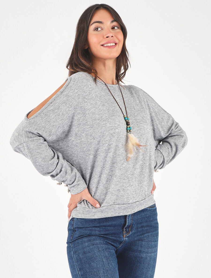 Pull ample à épaules dénudées - Gris - 4