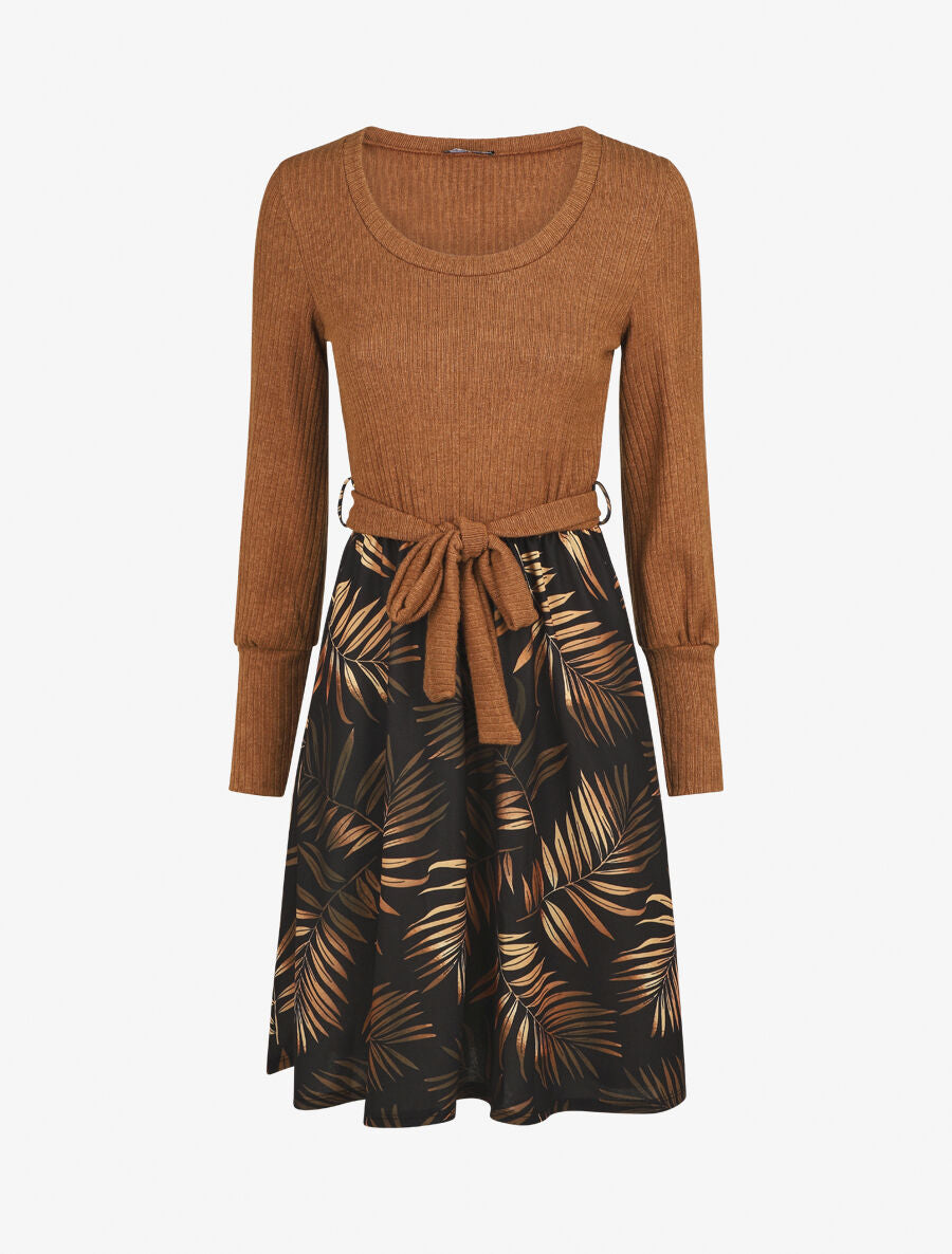 Robe mi-longue évasée imprimé feuilles - Camel - 1