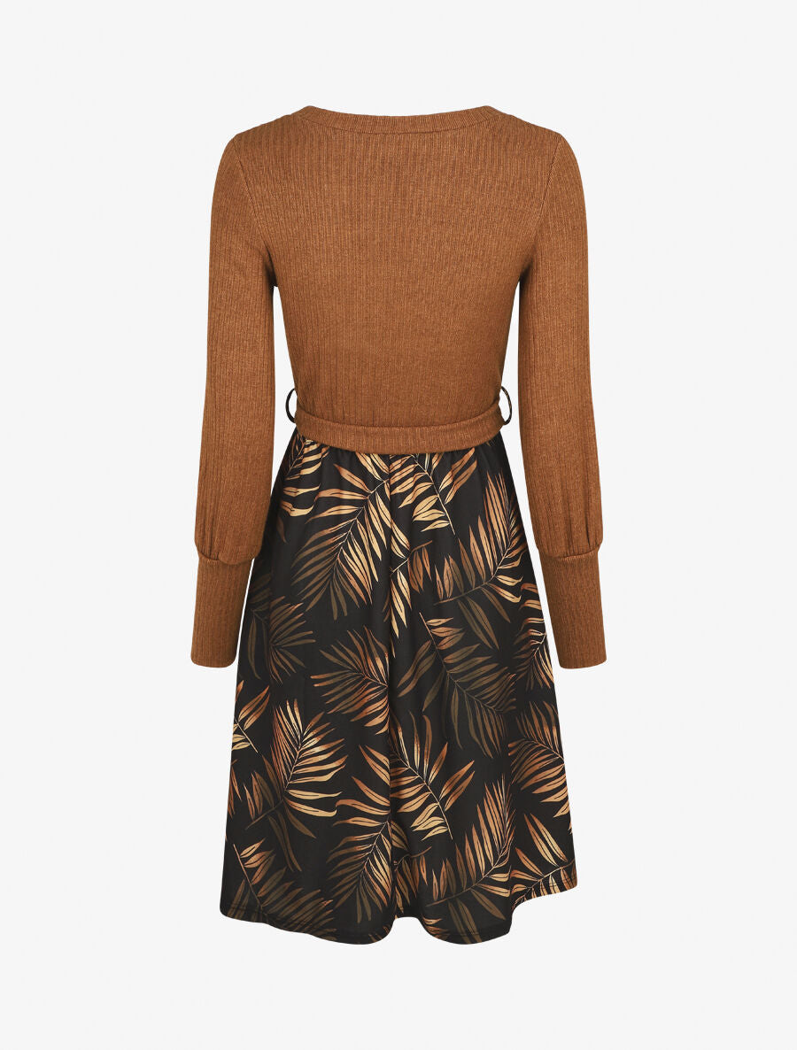 Robe mi-longue évasée imprimé feuilles - Camel - 2
