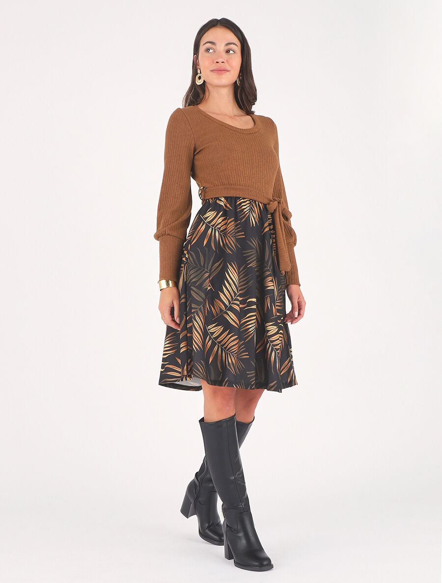 Robe mi-longue évasée imprimé feuilles - Camel - 4