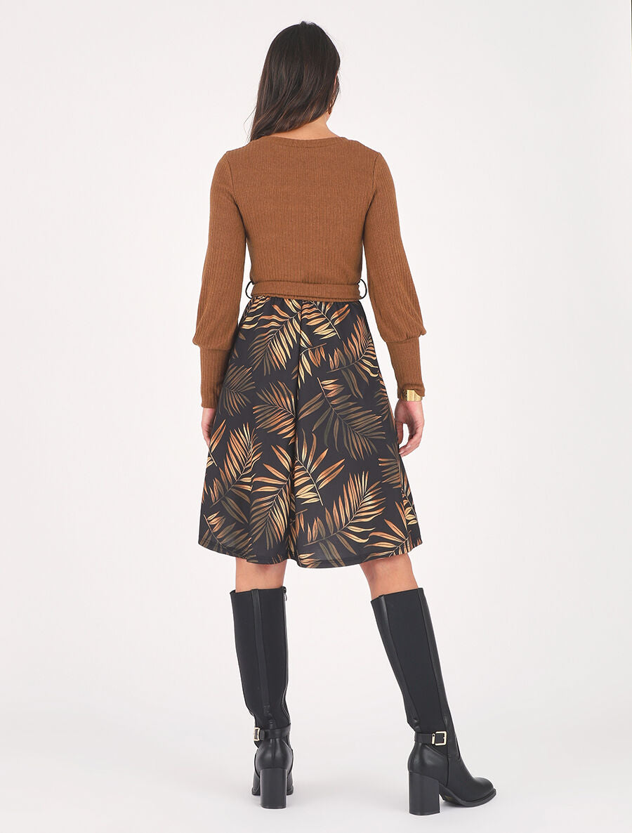 Robe mi-longue évasée imprimé feuilles - Camel - 5