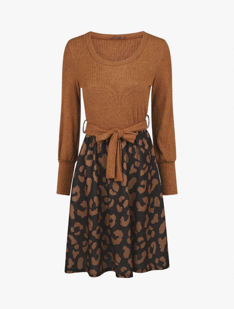 Robe mi-longue évasée imprimé léopard - Camel - 5