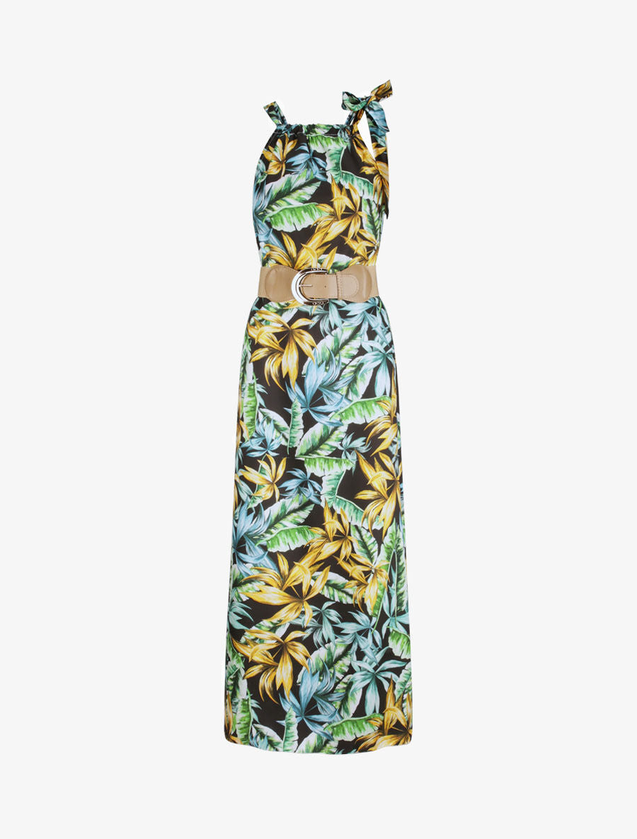 Robe longue à imprimé feuilles tropicales - Noir - 5
