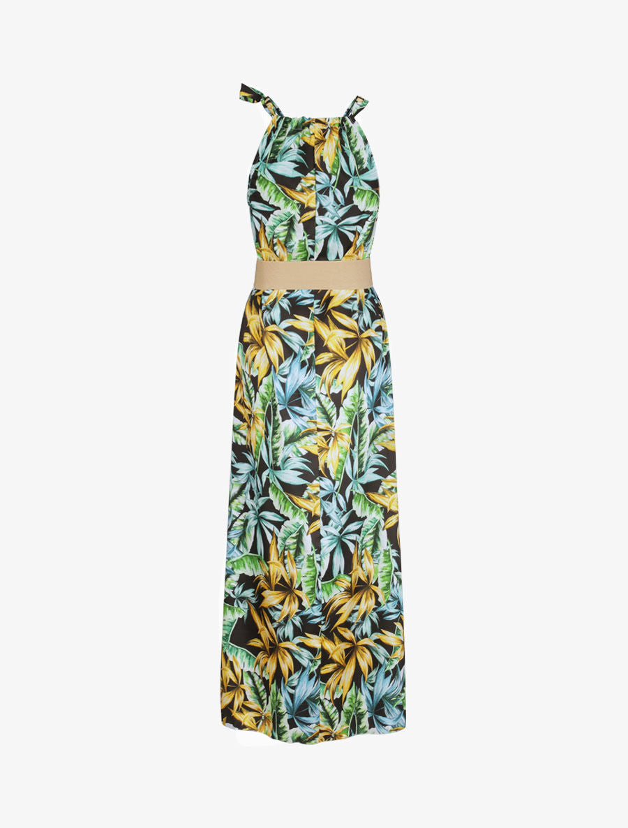 Robe longue à imprimé feuilles tropicales - Noir - 3