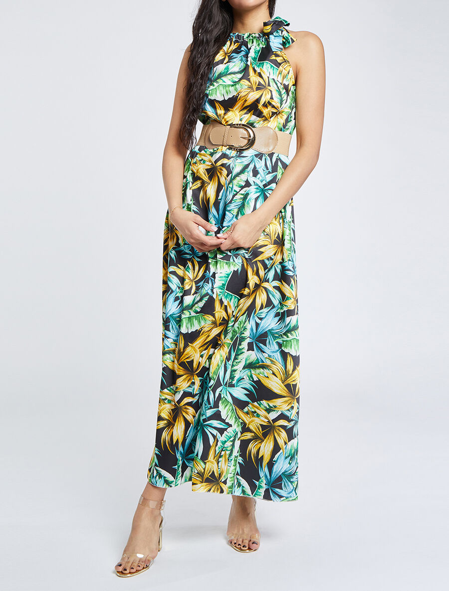 Robe longue à imprimé feuilles tropicales - Noir - 1