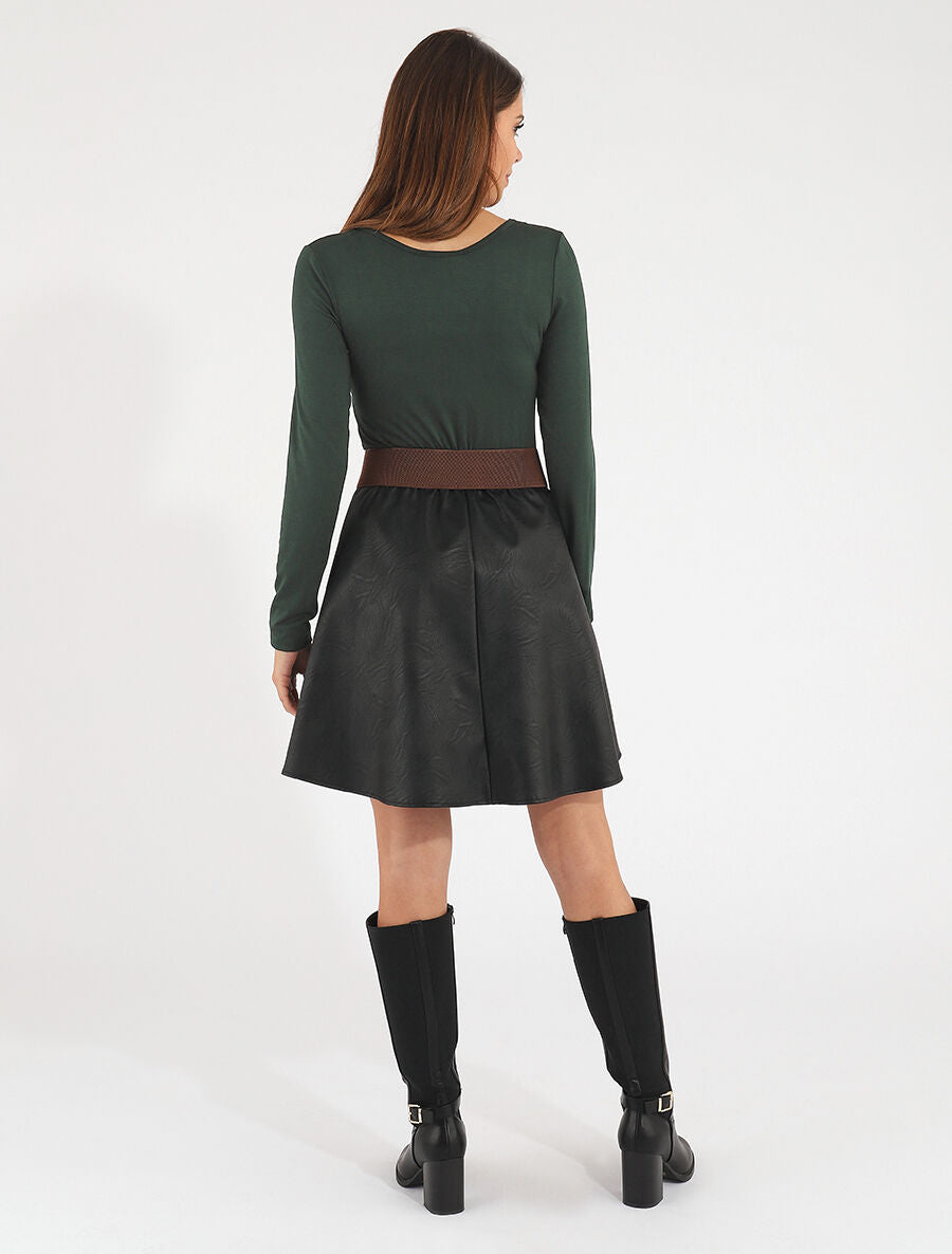 Robe bi-matière courte évasée simili - Vert foncé - 5