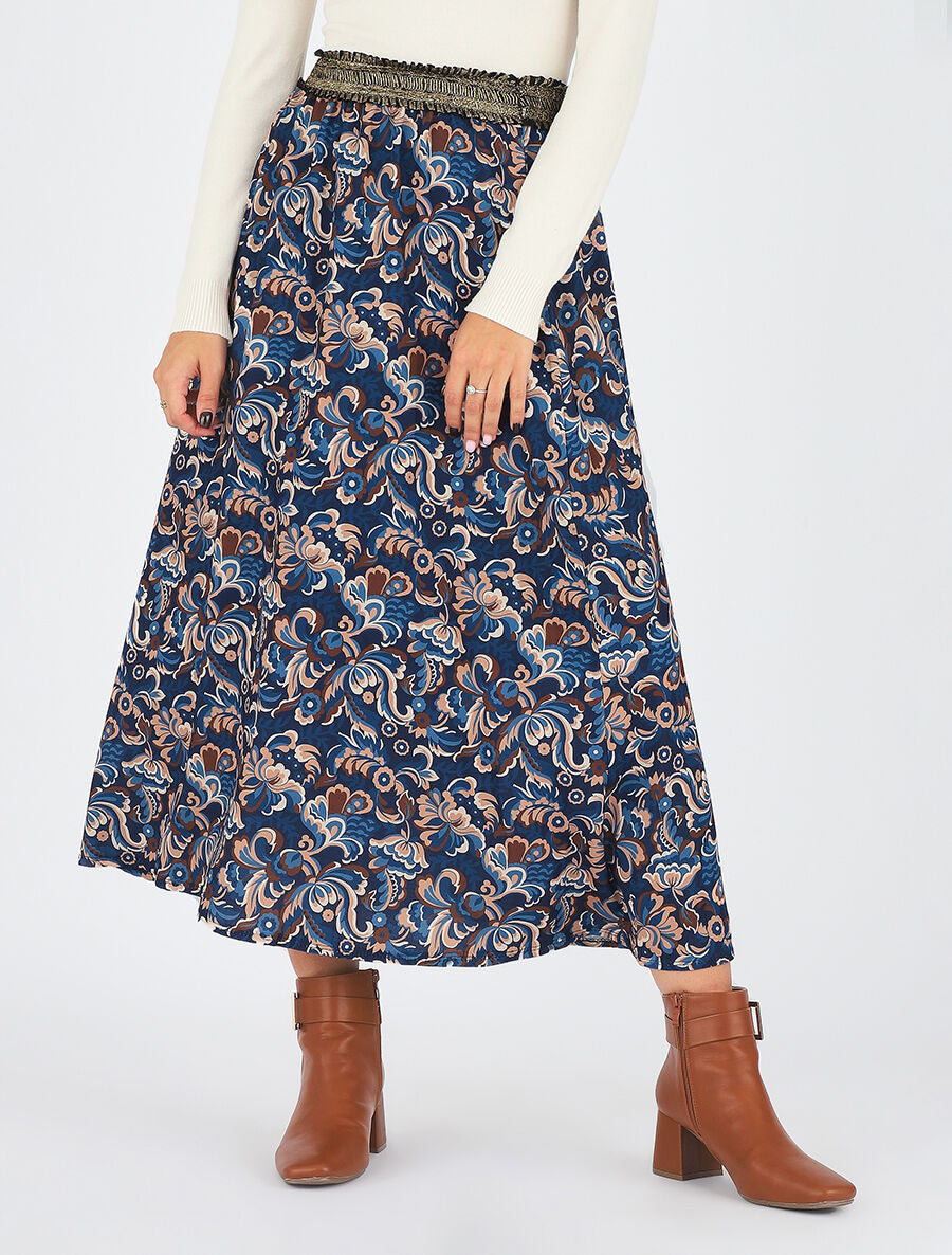 Jupe longue imprimé floral taille haute irisée - Marine - 4
