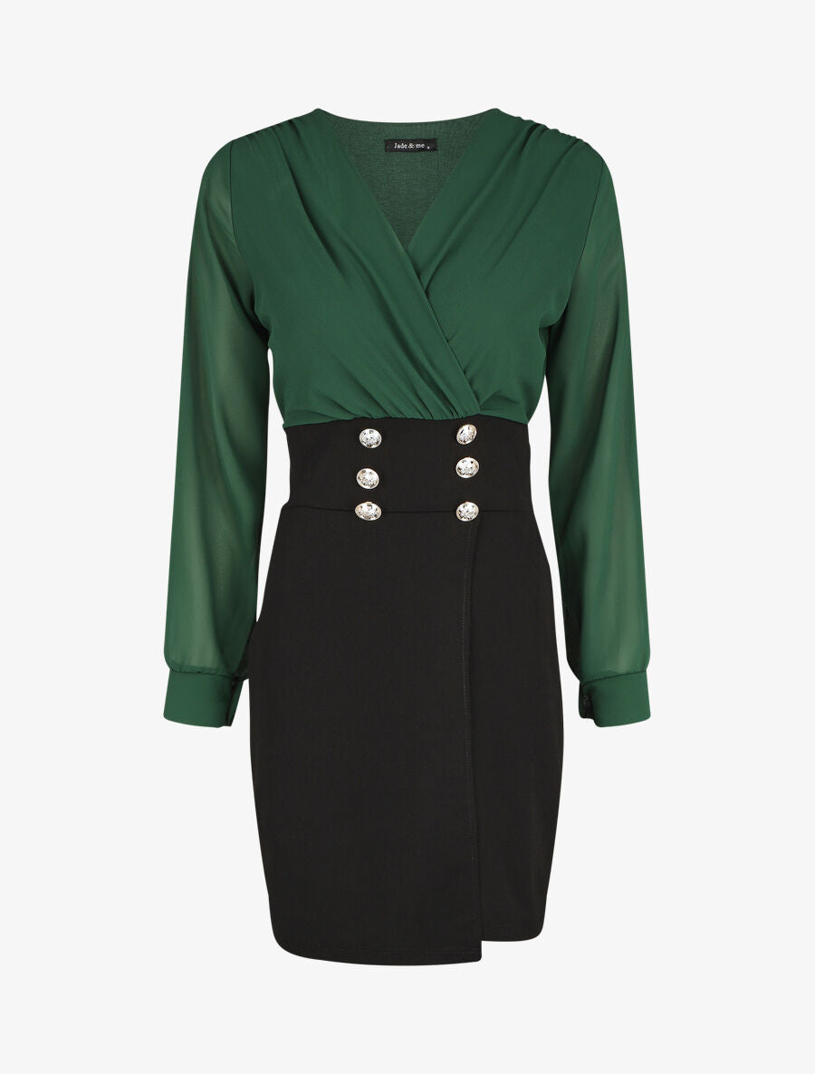 Robe bicolore à boutons décoratifs - Vert sapin - 1