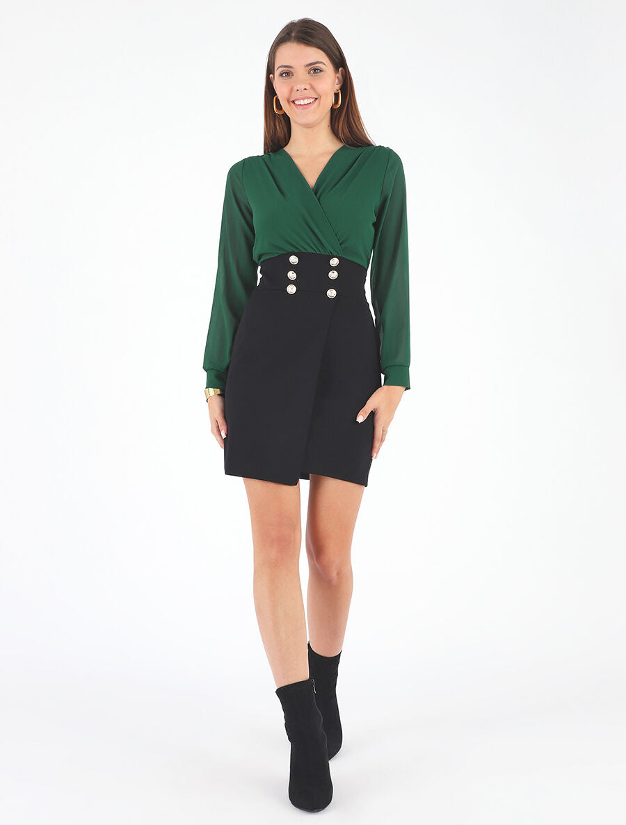 Robe bicolore à boutons décoratifs - Vert sapin - 4