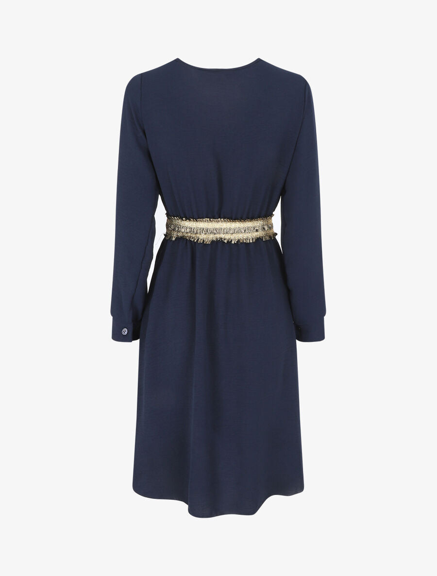 Robe unie à bande élastiquée dorée - Marine - 2