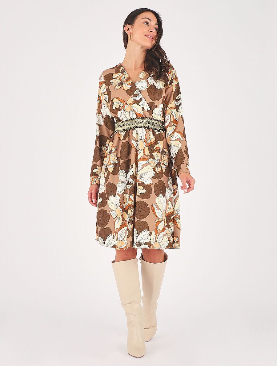 Robe courte évasée imprimé fleuri - Marron - 4