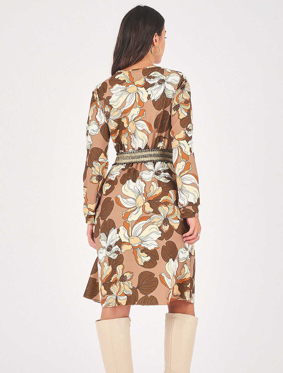 Robe courte évasée imprimé fleuri - Marron - 5