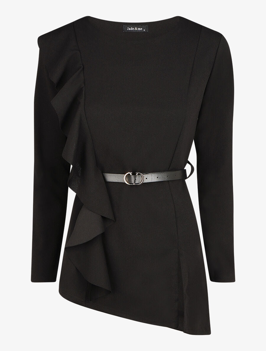 Top asymétrique uni et volanté - Noir - 1