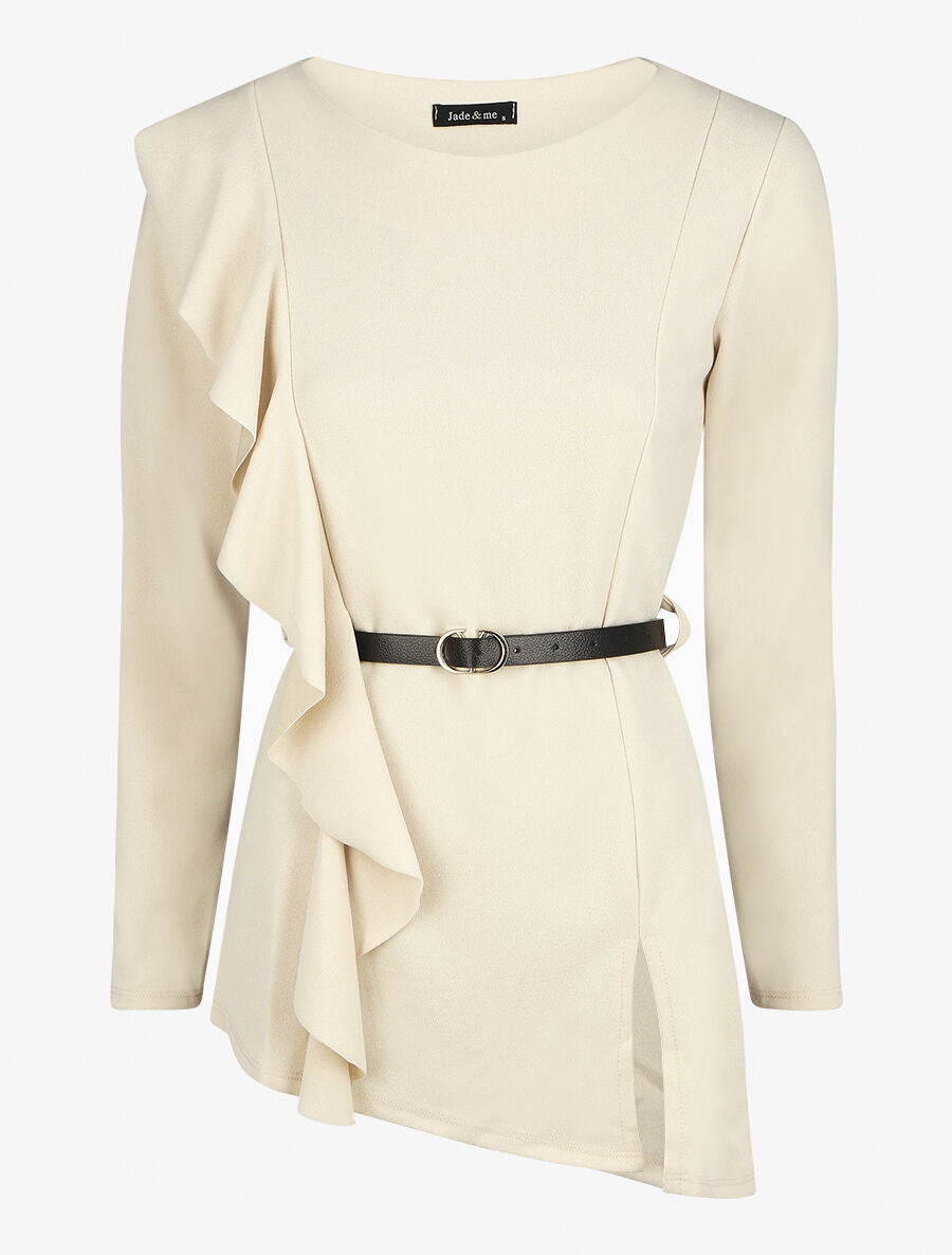 Top asymétrique uni et volanté - Beige - 6