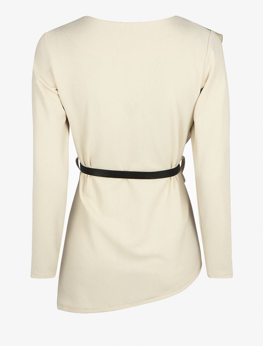 Top asymétrique uni et volanté - Beige - 2