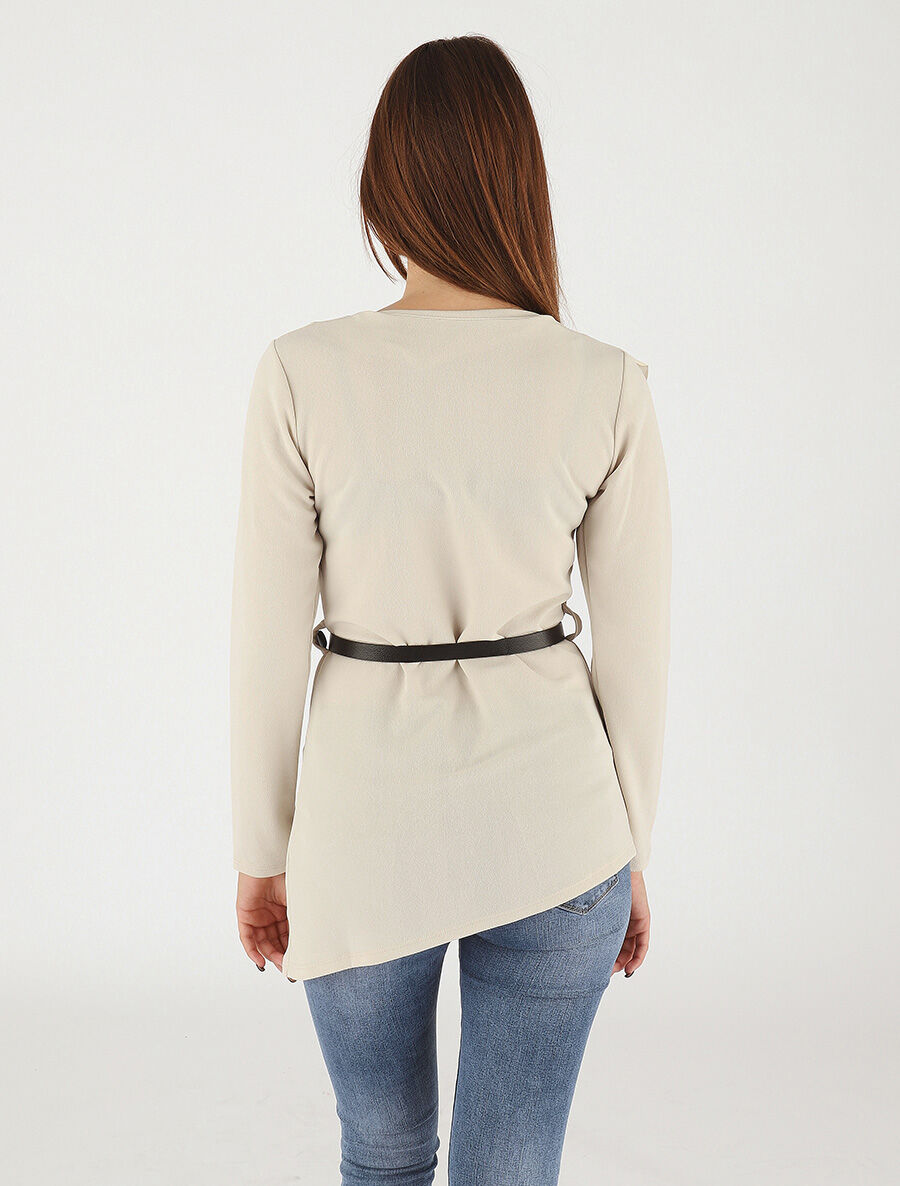 Top asymétrique uni et volanté - Beige - 5