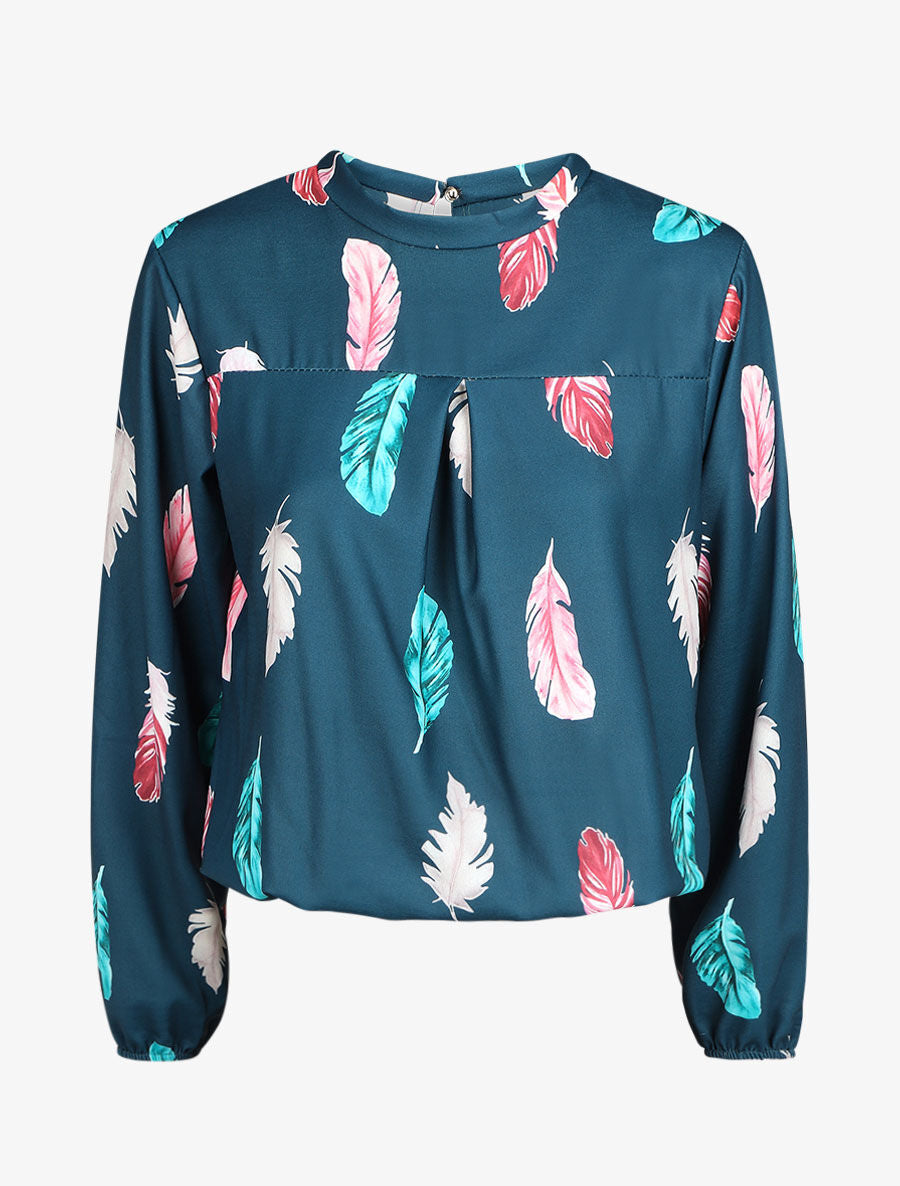 Blouse à imprimé plume - Bleu canard - 1