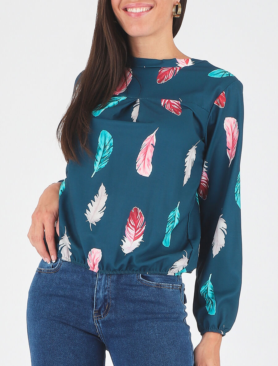 Blouse à imprimé plume - Bleu canard - 4