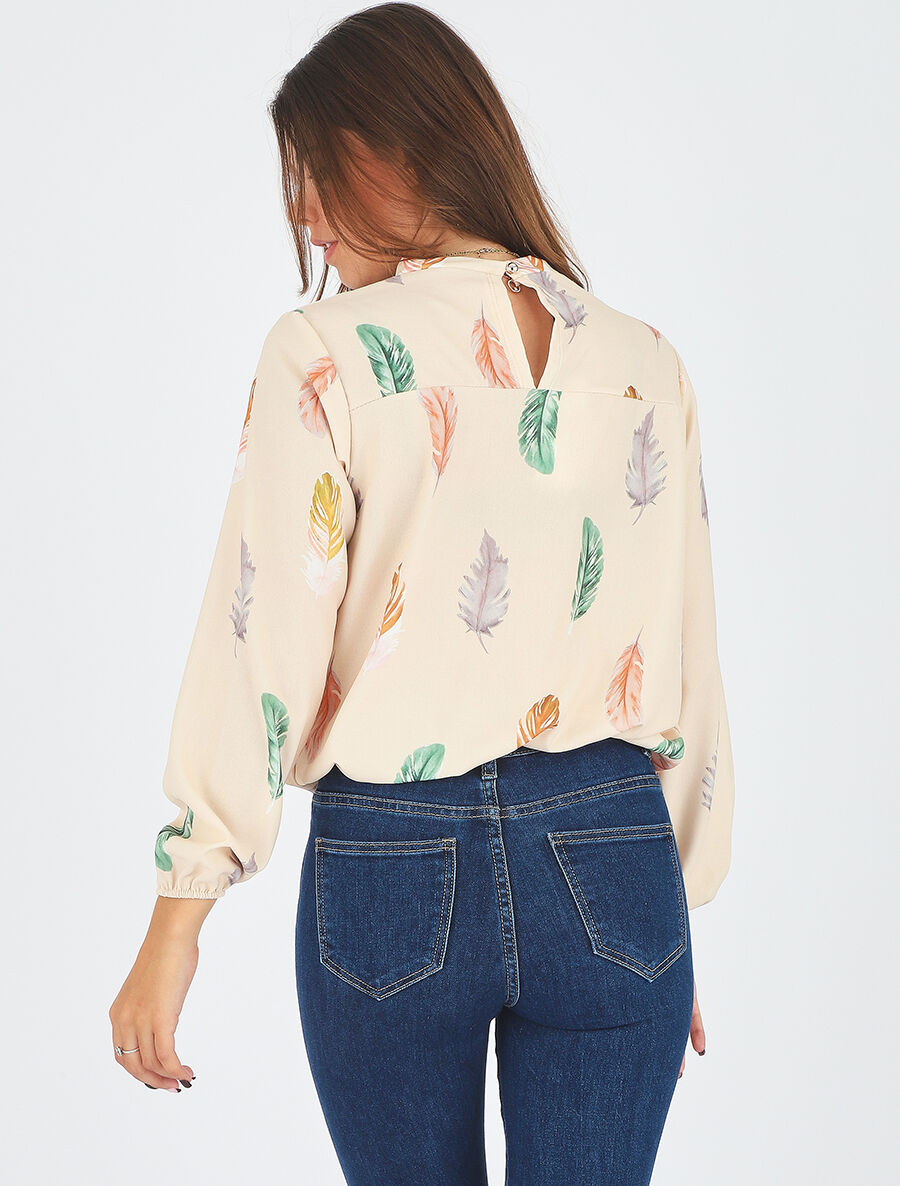 Blouse à imprimé plume - Beige - 5