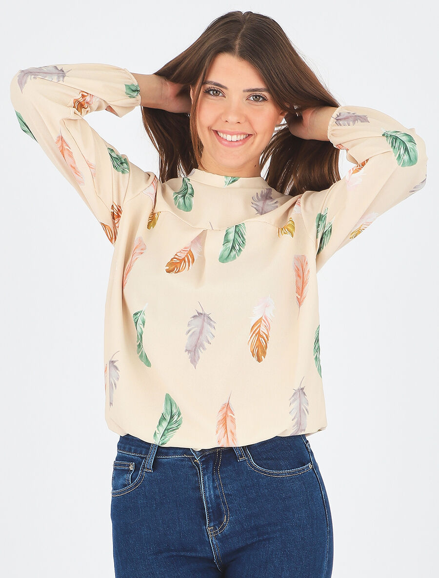 Blouse à imprimé plume - Beige - 6