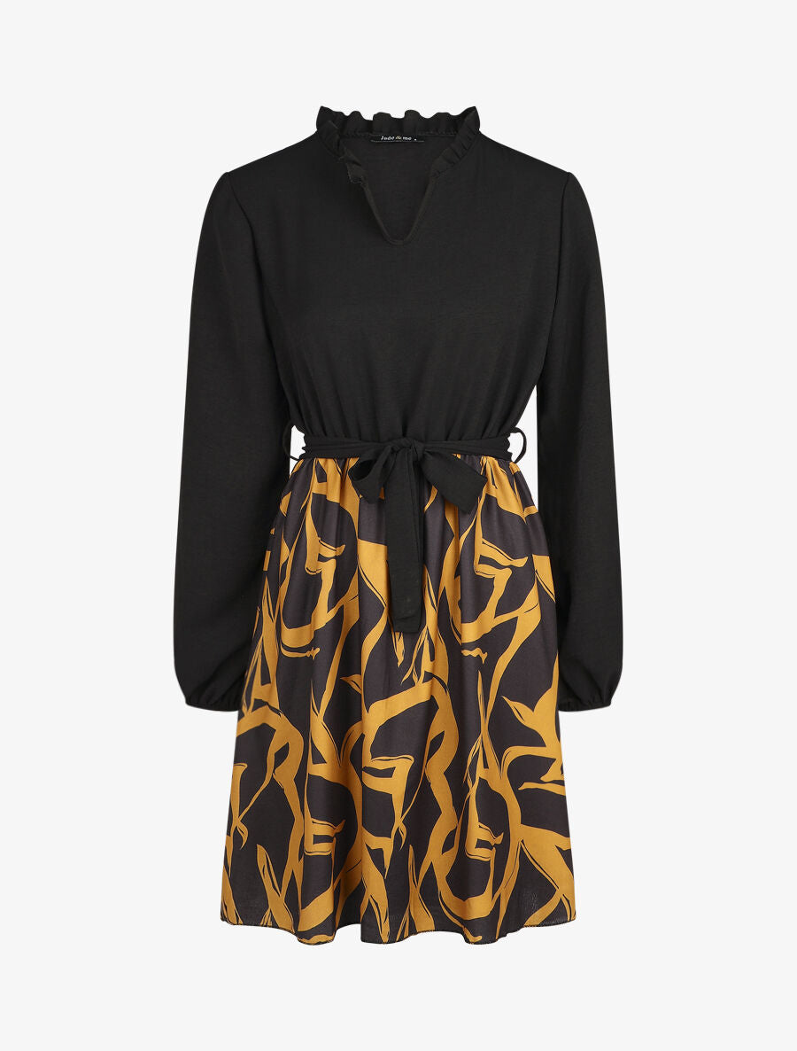 Robe fluide bicolore imprimé graphique - Jaune moutarde - 7