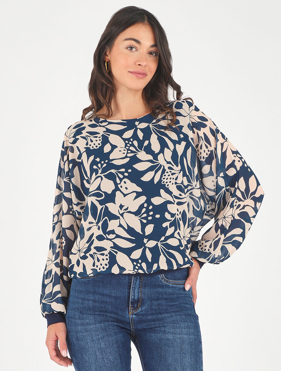 Blouse en voile imprimé fleuri - Marine - 4