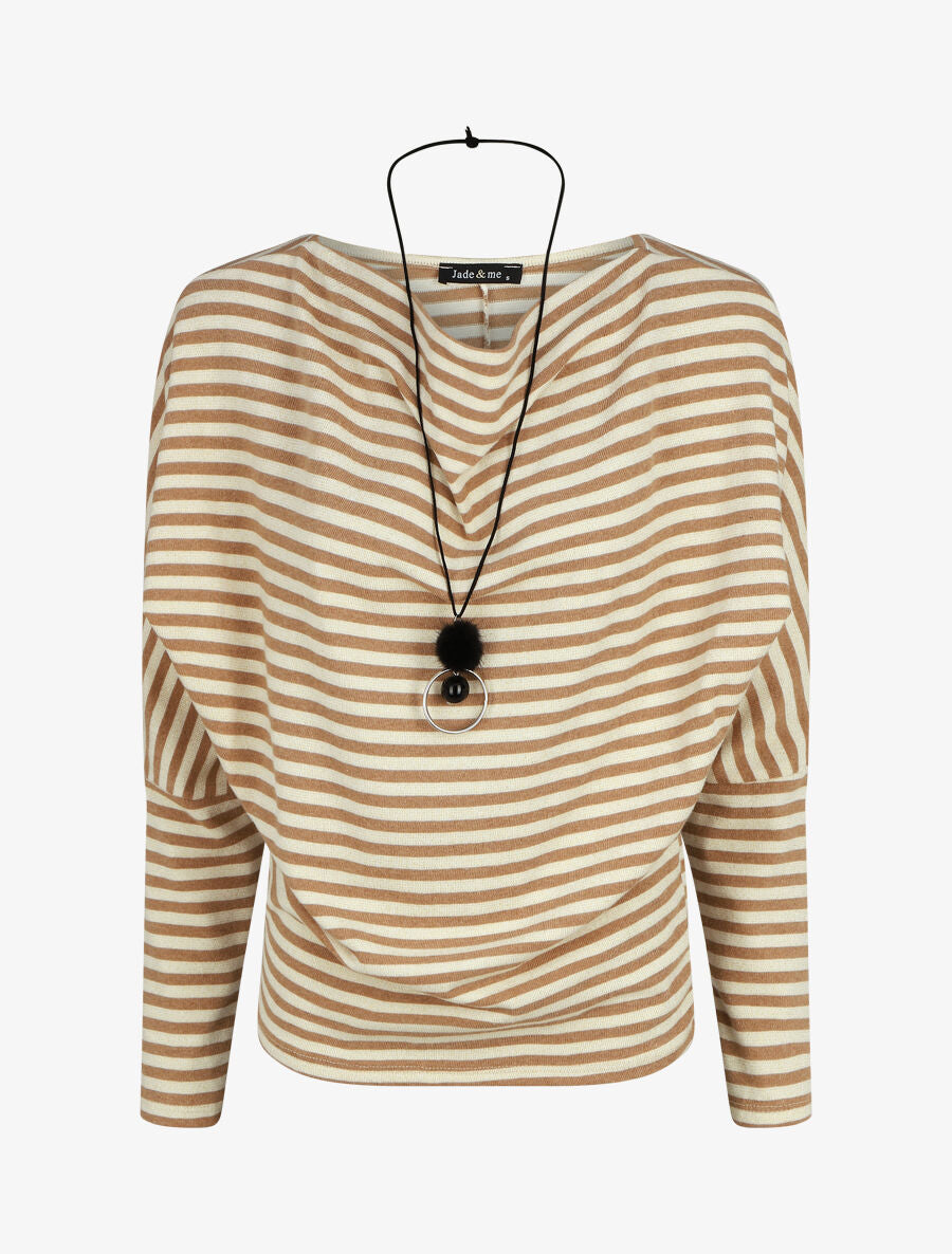 Pull droit rayé col bénitier - Beige - 4