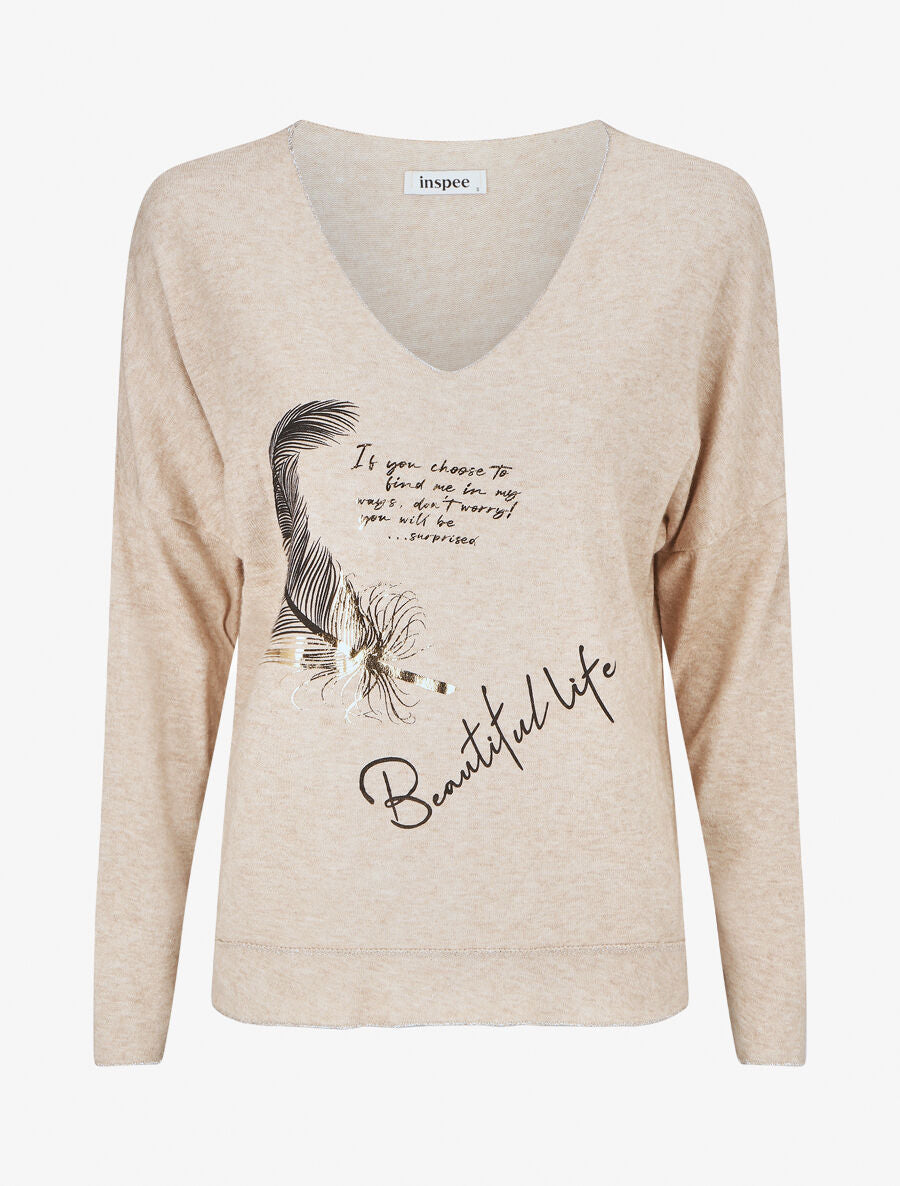 Pull ample col V motif plumes - Beige - 4