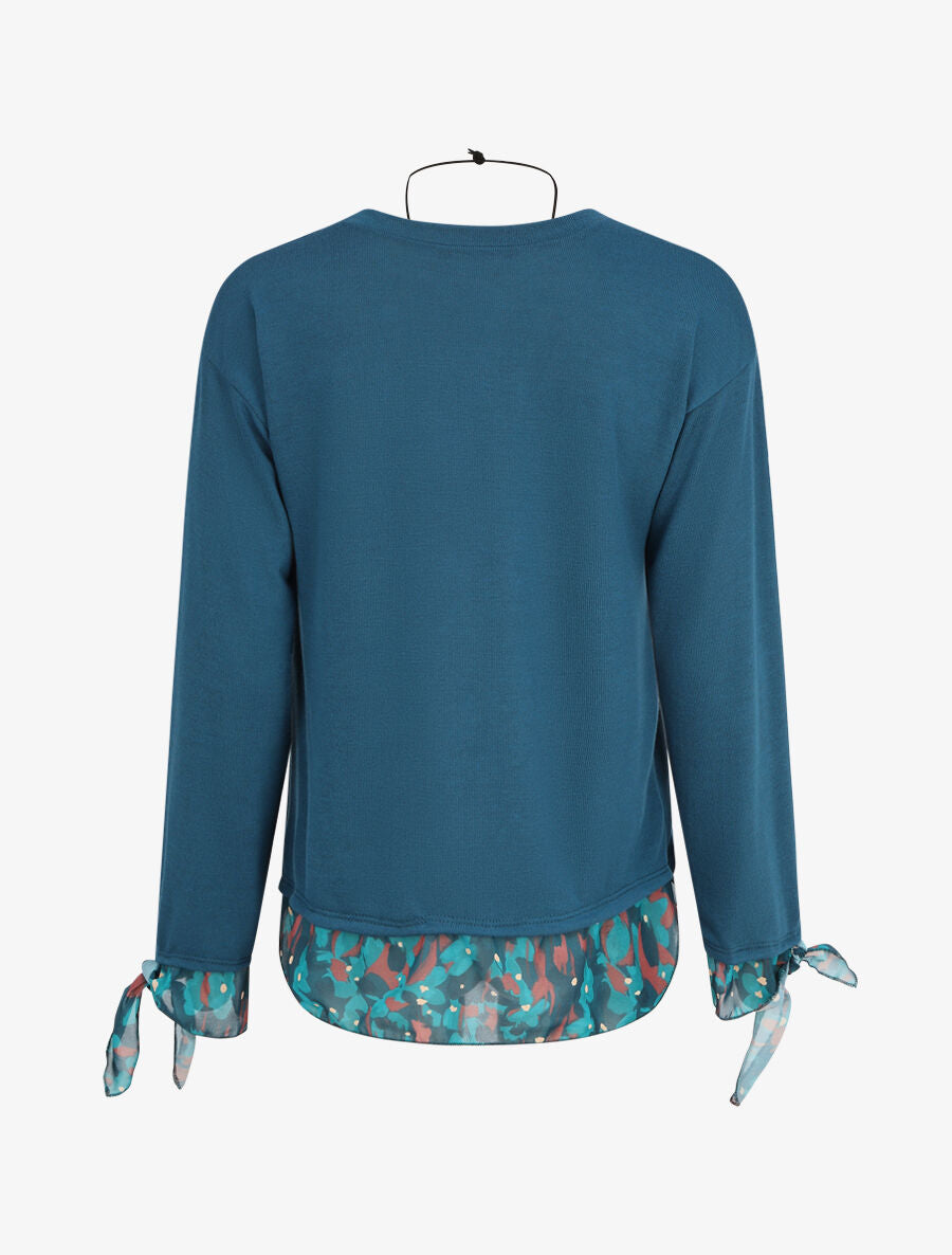 Pull fin bi-matière à imprimé fleuri - Bleu canard - 2