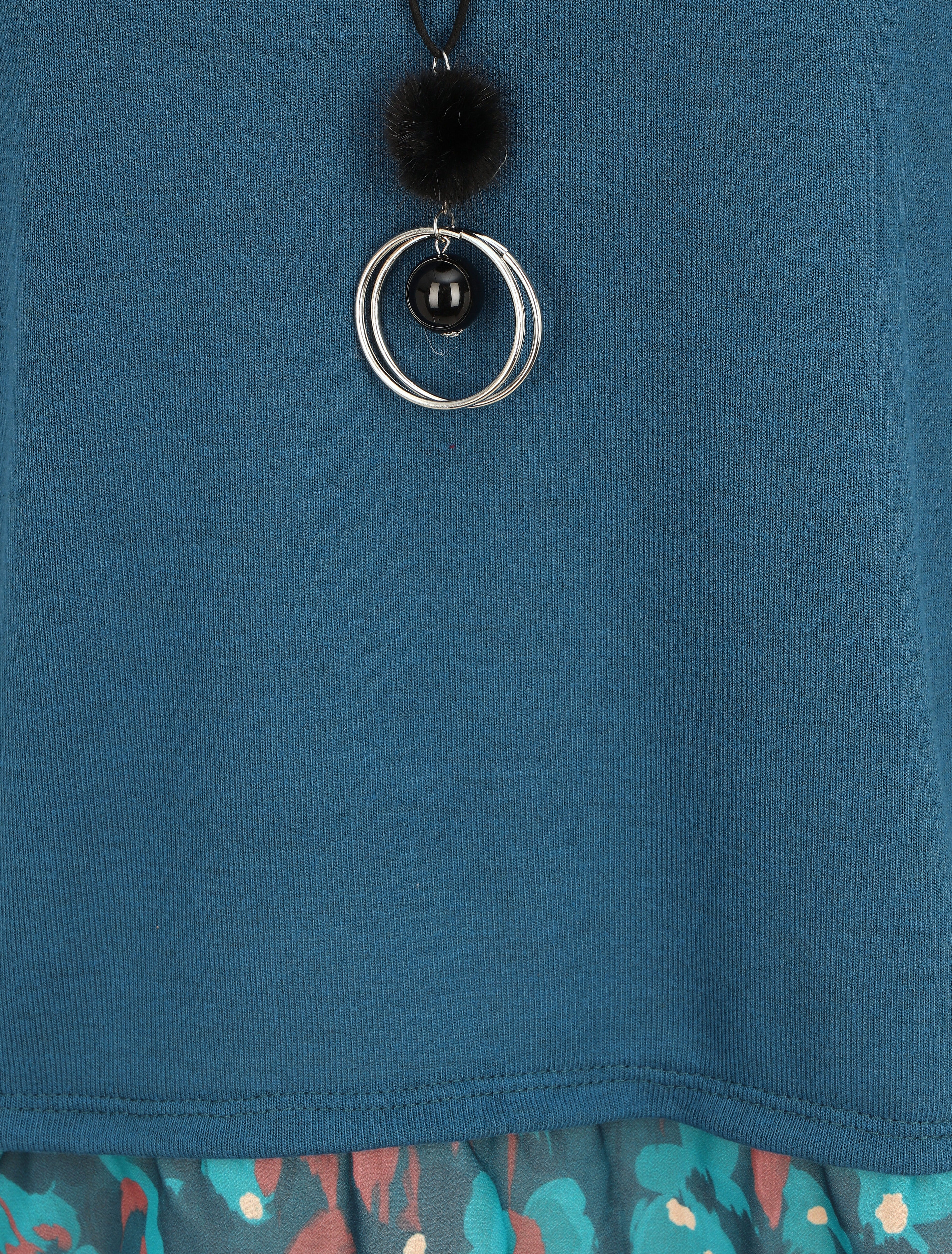 Pull fin bi-matière à imprimé fleuri - Bleu canard - 3