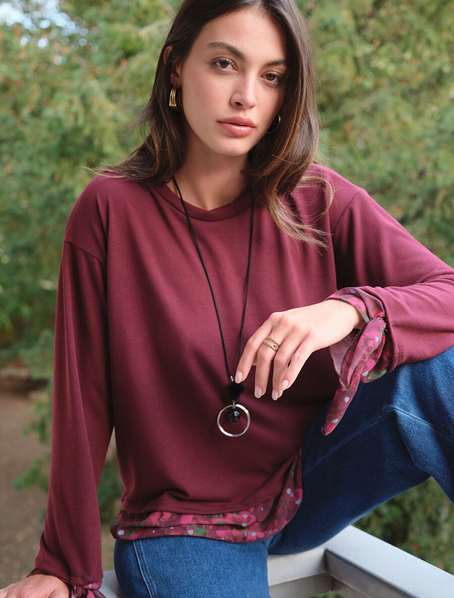 Pull fin bi-matière à imprimé fleuri - Prune - 4