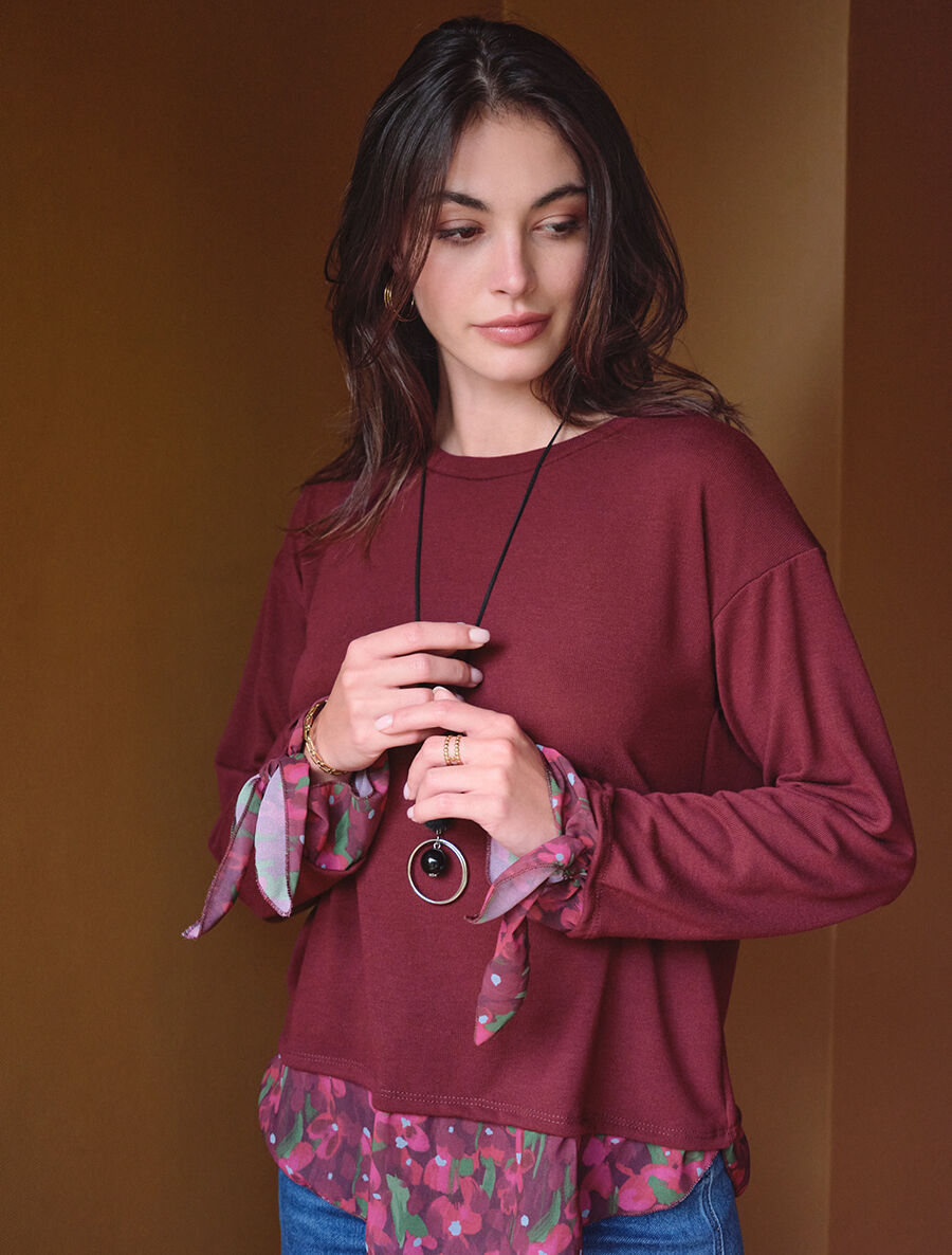 Pull fin bi-matière à imprimé fleuri - Prune - 5
