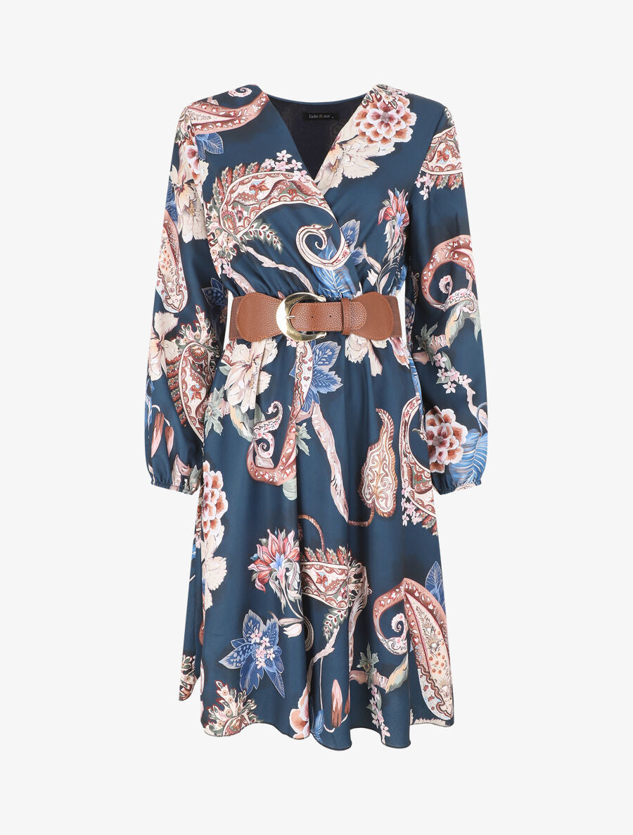 Robe évasée imprimé fleuri - Marine - 1