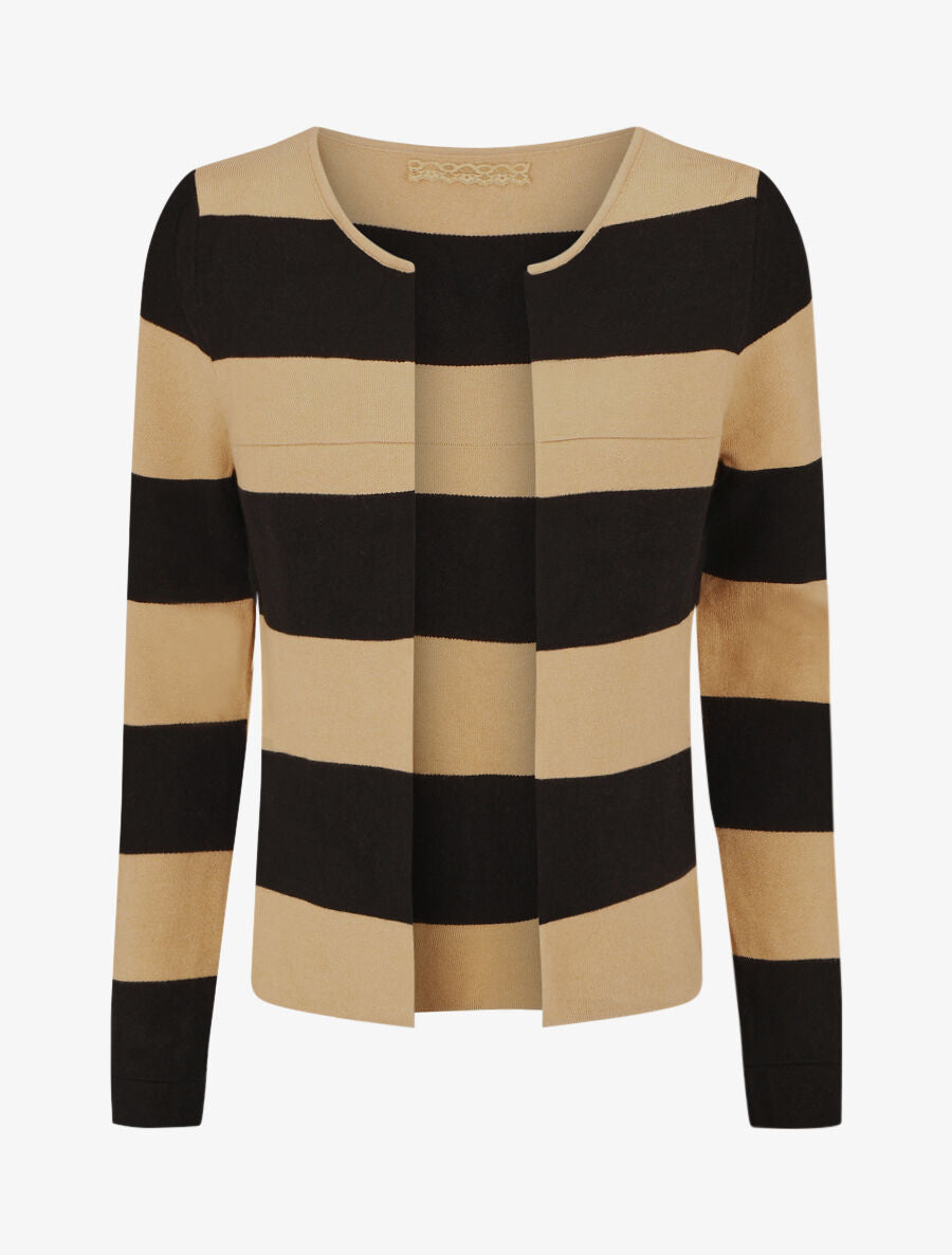Gilet ouvert à rayures coupe droite - Beige - 4