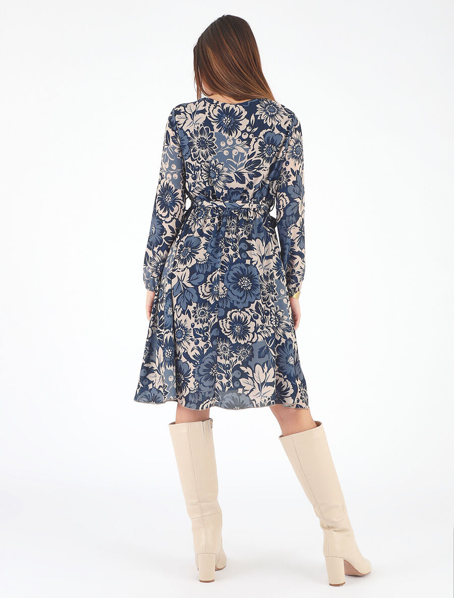 Robe mi-longue fleuri coupe évasée - Marine - 5