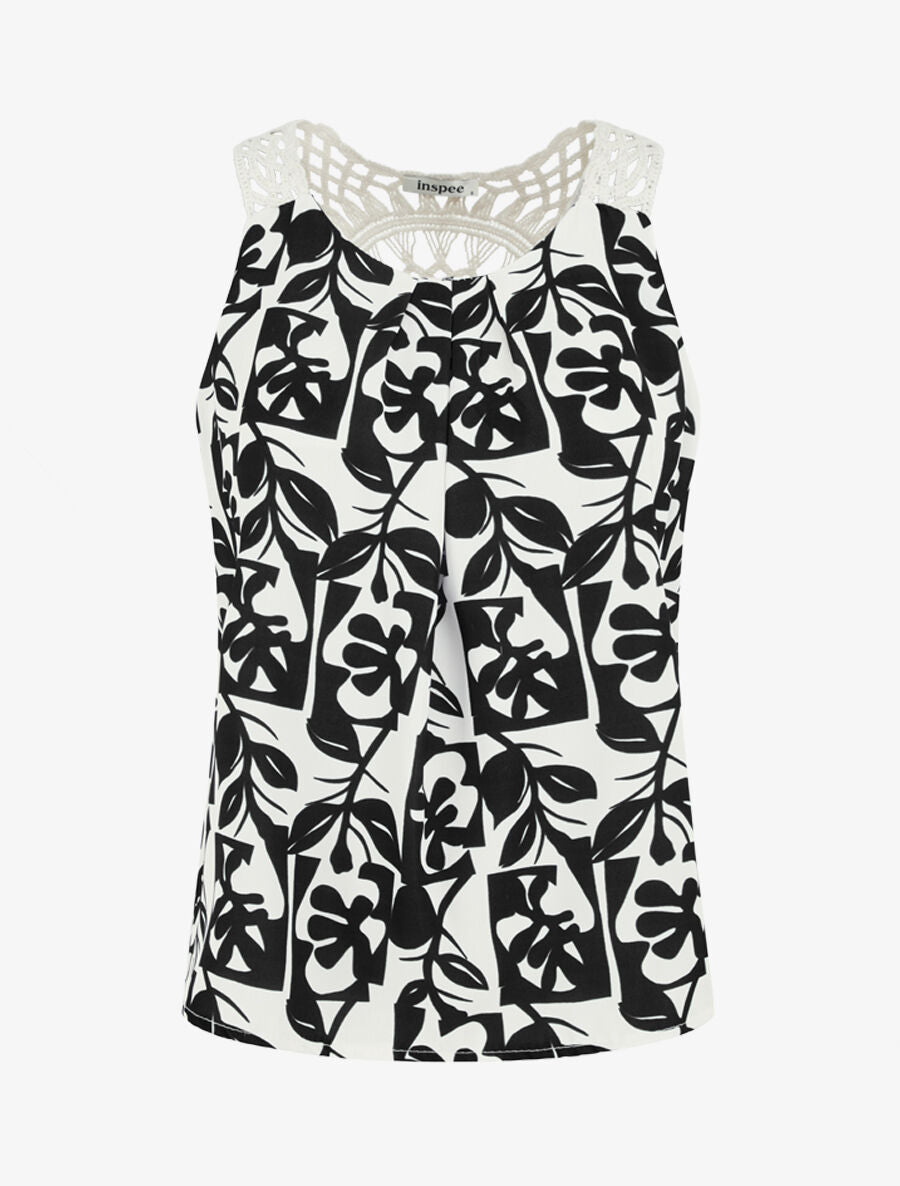 Top fluide imprimé et bretelles en crochet - Noir - 1