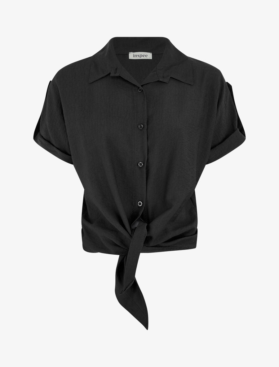 Blouse effet lin à noeud - Noir - 1