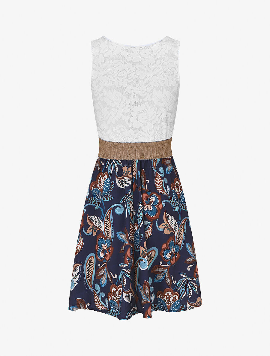 Robe bi-matière imprimé fleuri - Marine - 2